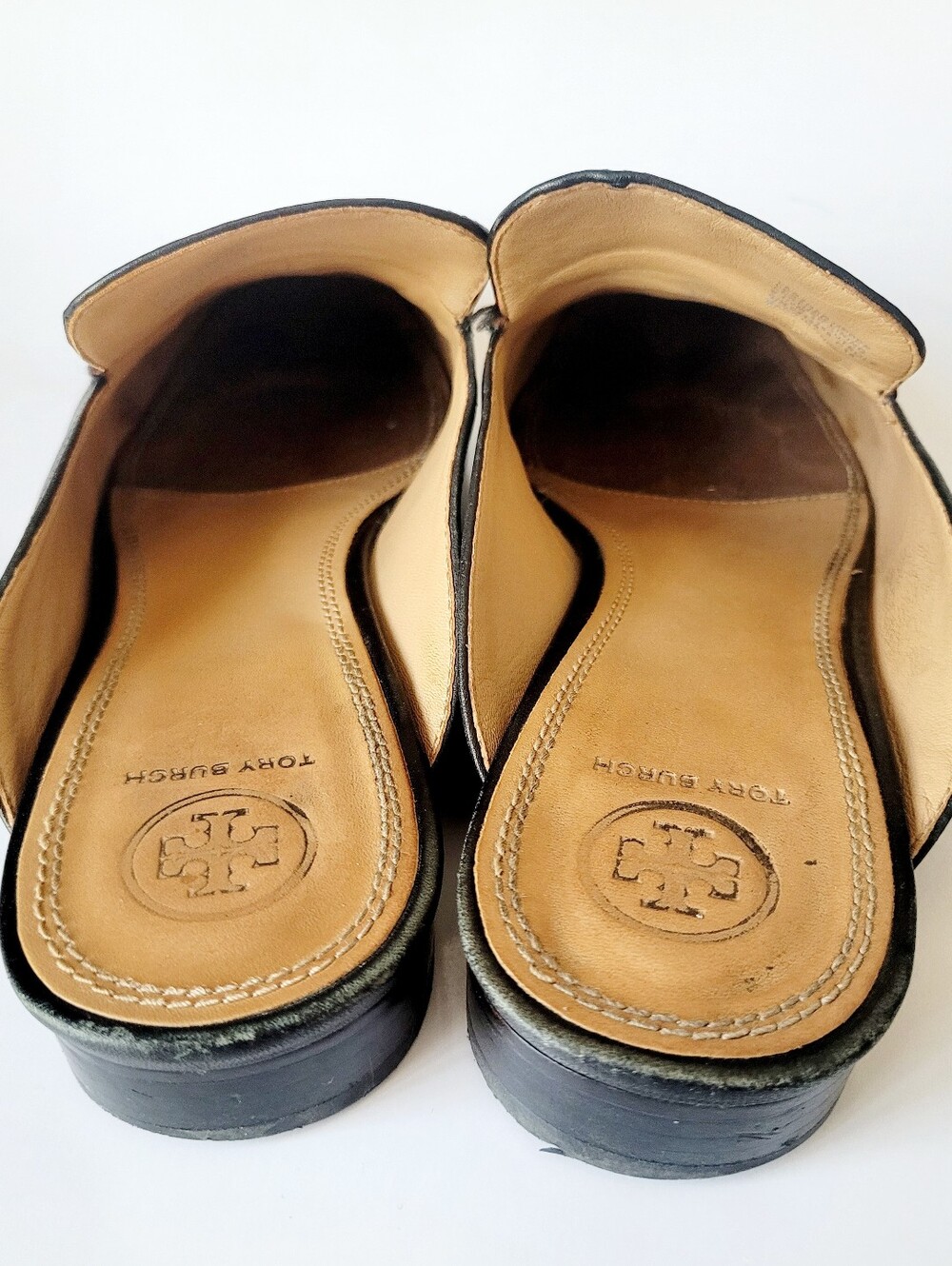 Tory Burch Amelia Calfskin Leather Backless Loafers Gold Logo Hardware Black 9.5 - Picture 11 of 16